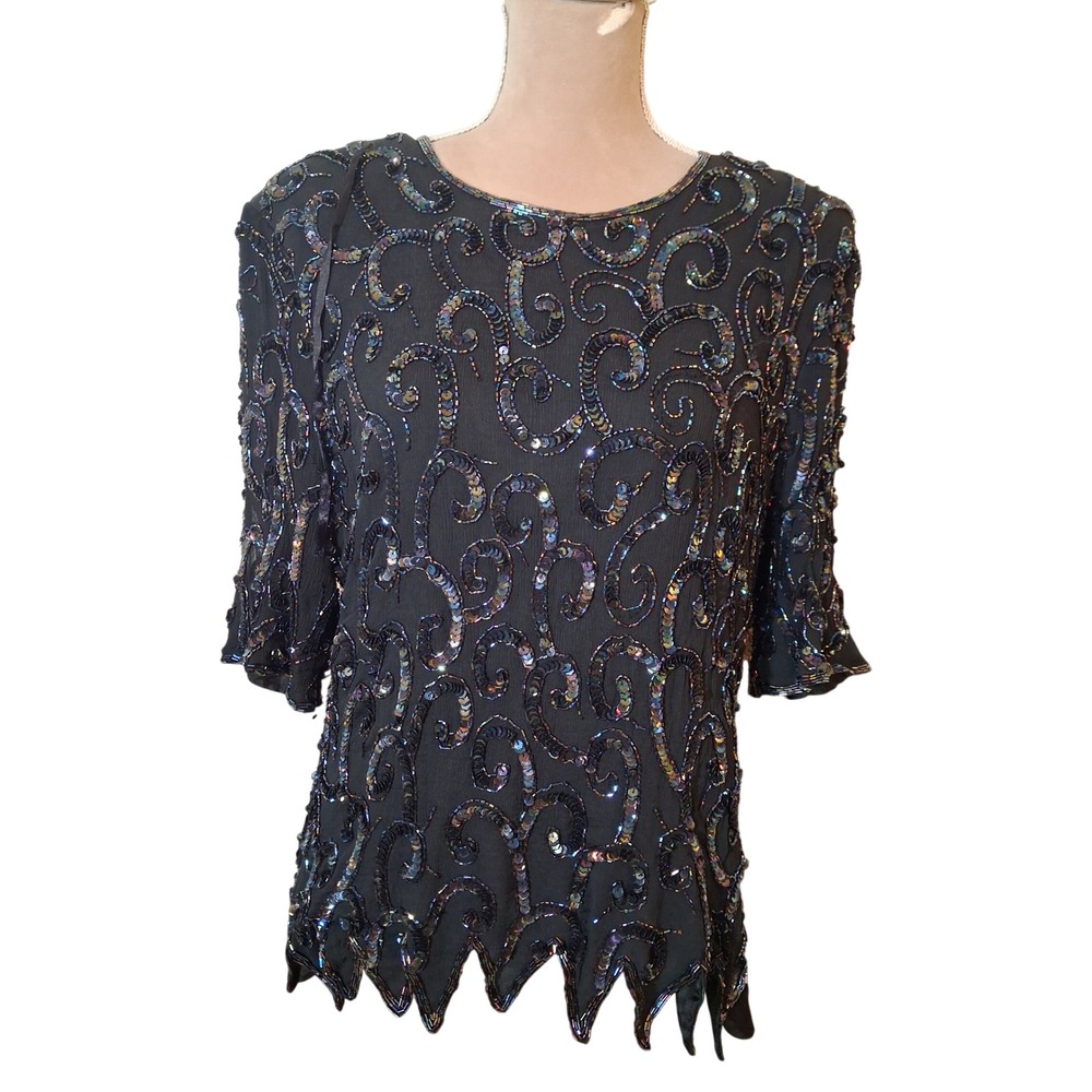 Dusk to Dawn Vintage Pure Silk Iridescent Sequin Top Black Scalloped Hem 80s 90s